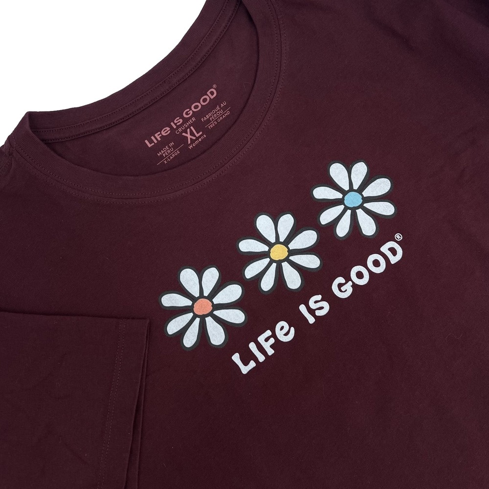 LIFE IS GOOD Women's XL Burgundy DAISY Short-Sleeve Cropped Crusher Tee T-Shirt